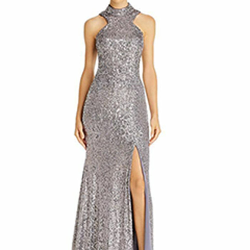 Aqua Fit and Flare Could Shoulder Sequin Gown With